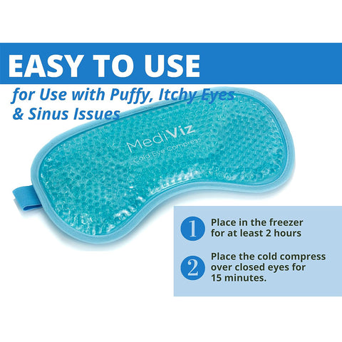 The MediViz Cooling Eye Mask by PRN is shown on a white background, featuring blue gel beads. Instructions: Easily relieve puffy eyes, dark circles, and sinus issues. Freeze for 2 hours and apply for 15 minutes.