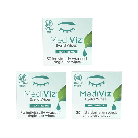 Displayed are three boxes of MediViz Tea Tree Eyelid Wipes by PRN, with each box containing 30 individually wrapped wipes. The light green packaging shows an eye graphic and Do Not Flush icon, designed to help tackle Demodex Eyelash Mites for cleaner, healthier eyelids.