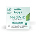 A box of Mediviz Tea Tree Eyelid Cleansing Wipes by PRN contains 30 individually wrapped, single-use wipes. The packaging, featuring an eyelid graphic and green leaf for freshness, includes a Do Not Flush warning for effective eyelid cleansing.