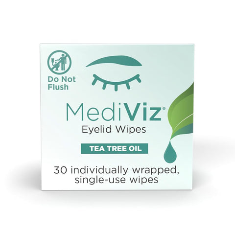 A box of Mediviz Tea Tree Eyelid Cleansing Wipes by PRN contains 30 individually wrapped, single-use wipes. The packaging, featuring an eyelid graphic and green leaf for freshness, includes a Do Not Flush warning for effective eyelid cleansing.