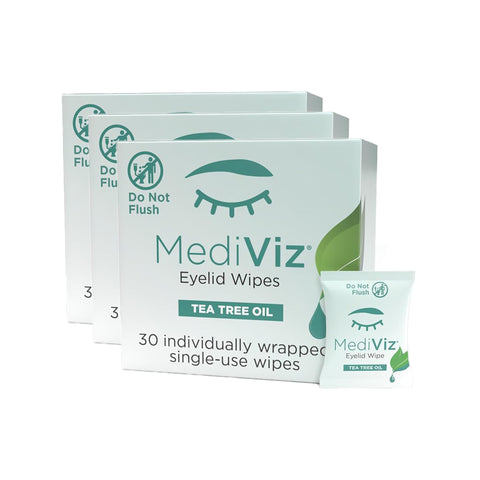 The PRN MediViz Tea Tree Eyelid Wipes, a 3-pack (3 x 30 wipes), features boxes illustrating an eye and Do Not Flush symbols, designed for cleaner, healthier eyelids and combating Demodex eyelash mites.