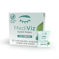 PRNs Mediviz Tea Tree Eyelid Cleansing Wipes box shows an eye icon and Do Not Flush symbol. It includes 30 single-use packets, with one displayed in front.