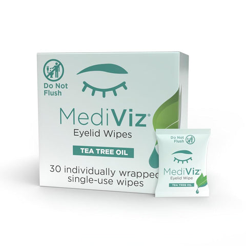 PRNs Mediviz Tea Tree Eyelid Cleansing Wipes box shows an eye icon and Do Not Flush symbol. It includes 30 single-use packets, with one displayed in front.
