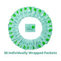 The product features a circular display of 30 light green packets with central MediViz. Each packet has leaf graphics suitable for healthier eyelids. Text reads 30 Individually Wrapped Packets of PRN - Physician Recommended Nutriceuticals MediViz Tea Tree Eyelid Wipes to combat Demodex mites.