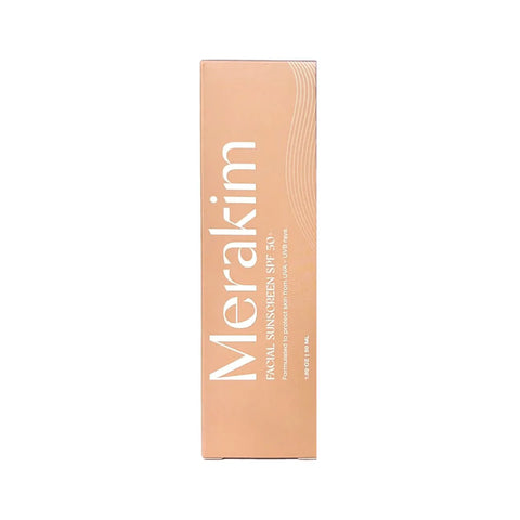 A rectangular orange box of Merakim Facial Sunscreen SPF 50 (50mL) ideal for sensitive skin, features white text on the front, including the brand name and product description. It offers broad-spectrum protection with a zinc oxide formula against a white background.