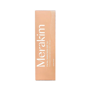 A rectangular orange box of Merakim Facial Sunscreen SPF 50 (50mL) ideal for sensitive skin, features white text on the front, including the brand name and product description. It offers broad-spectrum protection with a zinc oxide formula against a white background.