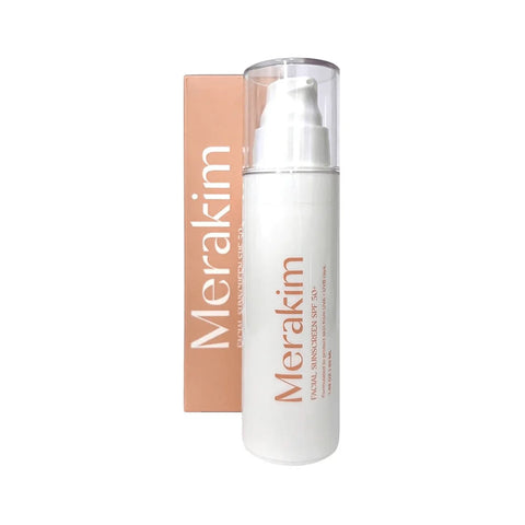 A 50mL white pump bottle of Merakim Facial Sunscreen SPF 50 sits in front of its peach box, showcasing minimalist light brown branding. Infused with zinc oxide, it offers broad-spectrum protection for sensitive skin.