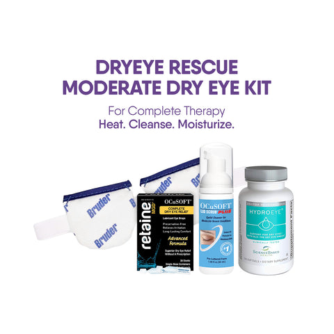 Image of DryEye Rescue Moderate Dry Eye Bundle (4 items) featuring a Bruder moist heat mask, Retaine lubricating drops, Ocusoft lid wipe plus, and HydroEye vitamins. Text: For Complete Therapy - Heat. Cleanse. Moisturize. Brand: DryEye Rescue.