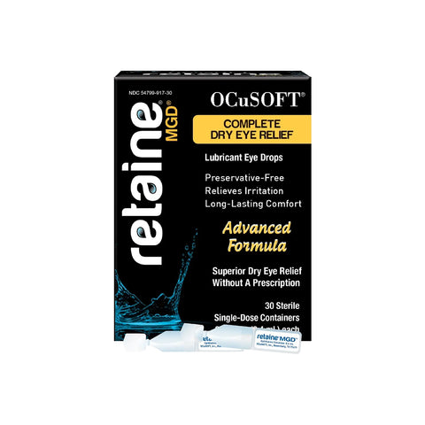 The image showcases the DryEye Rescue Moderate Dry Eye Bundle, featuring preservative-free lubricant eye drops by DryEye Rescue, promising long-lasting comfort with 30 sterile single-dose containers—a perfect match for your daily lid wipe routine.