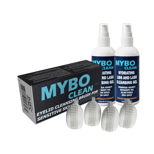 Image featuring MyboClean products: a MYBOClean Combo Pack with two Lids and Lash Gel bottles and a box of four daily eyelid cleansing brushes, emphasizing soothing ingredients for sensitive skin and optimal hygiene.