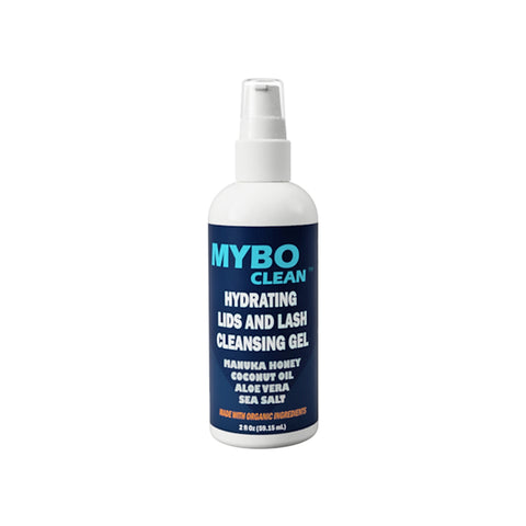 The MYBOClean Combo Pack includes a year supply eyelid cleansing brush set (4 pieces) and two bottles of Lids and Lash Gel, with Manuka honey, coconut oil, aloe vera, and sea salt. The white bottle has a black and teal label designed for optimal daily lid hygiene.