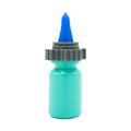 A rounded turquoise bottle with a gray and blue dropper cap, featuring the Nanodropper Eye Drop Extender Adaptor by Nanodropper. This FDA-listed product reduces drops by 60% for less waste and easier application. The cap has a ring grip and pointed blue tip against a plain white backdrop.