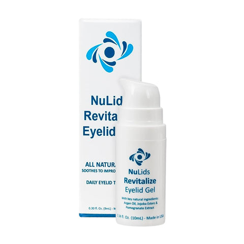 A white bottle of Nulids Revitalize Eyelid Applicator Gel by NuSight Medical, featuring a pump dispenser, stands before its matching box. The packaging emphasizes its hydrating and soothing natural ingredients like argan oil and pomegranate extract for anti-inflammatory benefits.