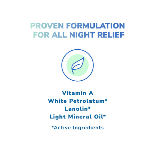 A bold headline Proven Formulation for All Night Relief sits above a leaf icon; below, Optase Hylo Night Ointment lists active ingredients: Vitamin A, White Petrolatum, Lanolin, and Light Mineral Oil for nighttime dry eye relief and ocular lubrication. Optases 5g preservative-free tube offers 300 uses.