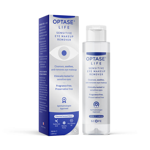 The Optase Life Sensitive Eye Makeup Remover Preservative Free, HA and Manuka (100mL), features white and blue packaging highlighting its fragrance-free, preservative-free formula. Its clinically tested for sensitive eyes, effectively removes waterproof makeup, and is ophthalmologist approved.