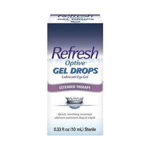 Image of Abbvies Refresh Optive® Gel Drops, a lubricant eye gel with HydroCell™ technology, offering Extended Therapy for dry eye relief and Quick, soothing coverage day or night. Contains 0.33 fl oz (10 mL) sterile solution.