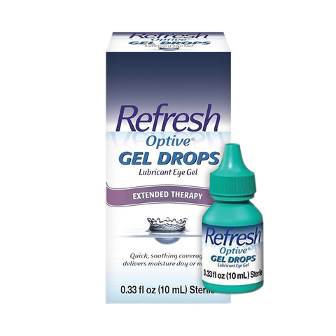 A box and small teal bottle of Abbvies Refresh Optive® Gel Drops – Lubricant Eye Gel with advanced HydroCell™ technology. The white box has blue and purple accents, highlighting product name and details. This 0.33 fl oz (10 mL) sterile gel provides dry eye relief.