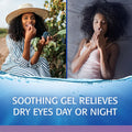 Split image: a woman enjoys berries outdoors (left) and another rests in bed (right), both looking relaxed. Text reads, Refresh Optive® Gel Drops with HydroCell™ technology by Abbvie relieves dry eyes day or night. A water ripple graphic is at the bottom.