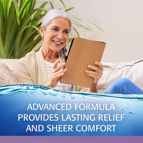 An older woman with gray hair sits on a couch, casually dressed in a sweater and holding an Abbvie tablet. Surrounded by greenery, the text reads, Refresh Optive® Gel Drops – Lubricant Eye Gel with Advanced HydroCell™ technology ensures lasting dry eye relief and sheer comfort.