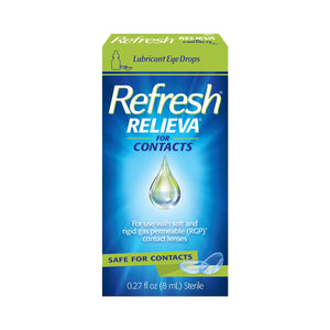 The Refresh Relieva for Contacts lubricant eye drops by Abbvie comes in a 0.27 fl oz (8 mL) bottle featuring a blue and green design with a water droplet image, suitable for both soft and rigid gas permeable contact lenses, ideal for users with digital eye strain.