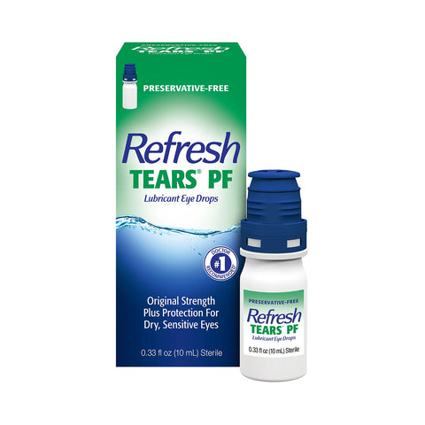 Refresh Tears PF Preservative Free Eye Drops by Abbvie come in a sleek 10mL white bottle with a blue cap. The green and white packaging highlights its preservative-free, multidose design, providing fast-acting relief for dry, sensitive eyes.