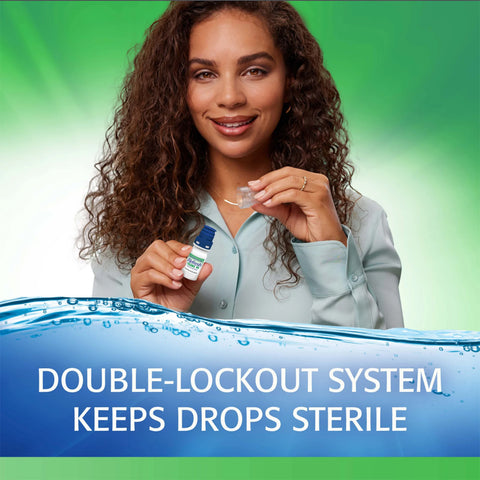 A curly-haired woman smiles while holding a small bottle with a cap against a green background. Text reads, Refresh Tears PF by Abbvie: Double-lockout system keeps preservative-free artificial tears sterile.