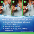 Three images show the initial use of Refresh Tears PF (10mL) by Abbvie. Image A: Remove safety seal. Image B: Remove blue pull tab. Image C: Take off blue cap and replace it with Refresh Tears PF after use, following instructions and discarding seals.