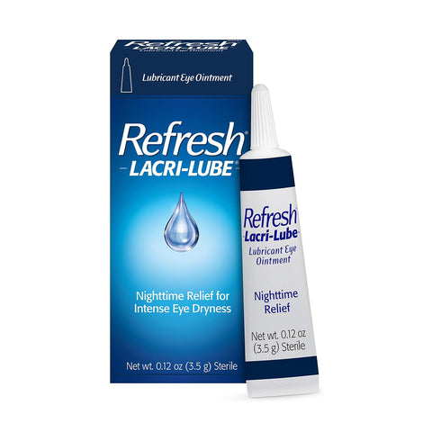 The Refresh Lacri-Lube Lubricant Eye Ointment for Nighttime Dryness (3.5g tube) by Abbvie offers relief for severe dry eyes. The packaging prominently displays a tear drop graphic with the tube positioned in front for easy access and visibility.