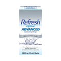 The Refresh Optive Advanced Eye Drops by Abbvie feature HydroCell Technology with Triple-Action Relief. Clinically proven to lubricate, hydrate, and protect, the 0.33 fl oz (10 mL) sterile bottle includes a droplet graphic on its packaging.