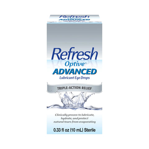 The Refresh Optive Advanced Eye Drops by Abbvie feature HydroCell Technology with Triple-Action Relief. Clinically proven to lubricate, hydrate, and protect, the 0.33 fl oz (10 mL) sterile bottle includes a droplet graphic on its packaging.