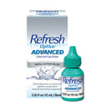 The image shows the Abbvie Refresh Optive Advanced Eye Drops (10 mL Bottle), offering triple-action relief and natural tear protection with HydroCell Technology. The teal bottle features a dropper cap and holds 0.33 fl oz of soothing eye drops.