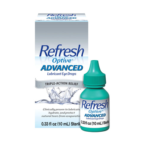 The image shows the Abbvie Refresh Optive Advanced Eye Drops (10 mL Bottle), offering triple-action relief and natural tear protection with HydroCell Technology. The teal bottle features a dropper cap and holds 0.33 fl oz of soothing eye drops.