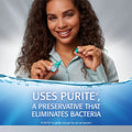 A smiling woman holds a small dropper bottle above text reading: USES PURITE®, A PRESERVATIVE THAT ELIMINATES BACTERIA. The water-themed background complements Abbvies Refresh Optive Advanced Eye Drops (10 mL Bottle) for Triple-Action Relief, ensuring ultimate freshness and cleanliness.