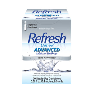 The showcased Refresh Optive® Advanced by Abbvie offers preservative-free, triple-action dry eye relief with 30 single-use vials, each containing 0.01 fl oz (0.4 mL).