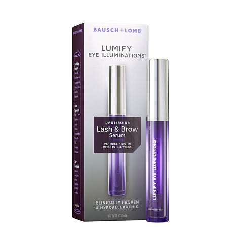 A tube of purple and silver LUMIFY Eye Illumination Nourishing Lash & Brow Serum by Bausch + Lomb is beside its packaging, which highlights the product name and benefits like peptides and biotin for fuller lashes and brows.