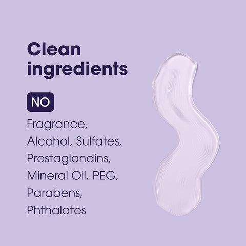 The image text on a purple background lists banned ingredients: NO Fragrance, Alcohol, Sulfates, Prostaglandins, Mineral Oil, PEG, Parabens, Phthalates, while showcasing a clear liquid texture. Experience science-backed results with Bausch + Lombs LUMIFY Lash & Brow Serum for naturally fuller lashes.