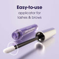 Close-up of a Bausch + Lomb LUMIFY Eye Illumination Nourishing Lash & Brow Serum with a purple tube and white applicator against a light purple background. Text: Easy-to-use tool for science-backed results—achieve fuller lashes & brows.