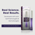 The image shows Bausch + Lombs LUMIFY Eye Illumination Nourishing Lash & Brow Serum 0.12 fl oz with its packaging. Text reads: Real Science. Real Results. Developed with Ophthalmologists & Dermatologists. Explore science-backed results for fuller lashes and brows, featuring The Science of Eye Beauty.
