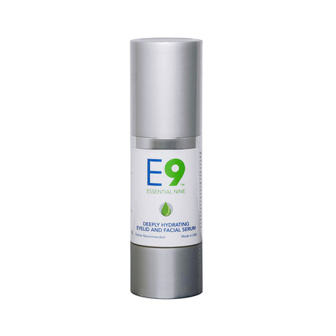 The silver cylinder of Essential Nine Eyelid & Skin Therapy by PRN features a green leaf, emphasizing anti-aging benefits. Made in the USA and doctor-recommended, this 1 oz serum tackles puffiness, wrinkles, and dark circles for rejuvenated skin.