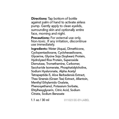 The image shows the back label of PRNs Essential Nine Eyelid & Skin Therapy serum, detailing directions, precautions, and ingredients such as water, dimethicone, and green tea extract. Sized at 1 oz (30 ml), its designed to combat puffiness, wrinkles, and dark circles.