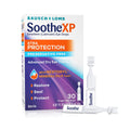 The Bausch & Lomb Soothe XP Lubricant Eye Drops, Xtra Protection Formula, contain Restoryl mineral oils to combat dry eyes. They restore, seal, and protect with 30 single-use vials in a mostly white box with purple and orange accents.