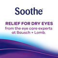 The image features Soothe at the top with the text Bausch & Lomb Soothe XP Lubricant Eye Drops, Xtra Protection Formula for dry eyes by Bausch + Lomb below. The background presents a tranquil gradient of blue to purple with soft, curving lines.