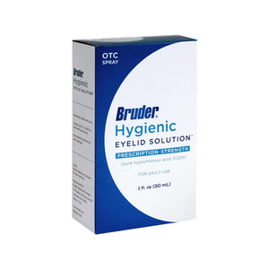 Image of a box labeled Bruder Hypochlorous Hygienic Eyelid Solution, an OTC spray with 0.02% pure hypochlorous acid, designed to relieve dry eyes. The sleek 1 oz (30 mL) bottle is elegantly white and blue, ideal for daily use.