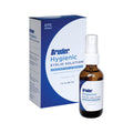 A brown bottle of Bruder Hypochlorous Hygienic Eyelid Solution, available in 1oz and 2oz sizes, sits beside its blue and white box with a spray nozzle. This OTC spray contains 0.02% hypochlorous acid for daily dry eye relief.
