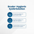 The Bruder Hypochlorous Hygienic Eyelid Solution infographic showcases three benefits: 1. Prevents dry eyes; 2. Boosts daily care routine; 3. Contains hypochlorous acid, an immune system bactericide, with icons for clarity. Available in 1oz & 2oz bottles under the Bruder brand.