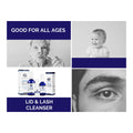 Collage with four sections: top left an elderly woman, top right a smiling baby, bottom left Heyedrate Lid & Lash Cleanser bottles (with hypochlorous acid), and bottom right a close-up of an eye. Text reads Good for all ages and Dry Eye Relief. Brand: PRN - Physician Recommended Nutriceuticals.