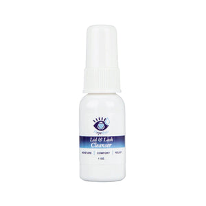A 1 oz white spray bottle labeled Heyedrate Lid & Lash Cleanser in blue with a hand-eye logo, offered by PRN - Physician Recommended Nutriceuticals. Infused with hypochlorous acid for targeted eyelid and lash care, it soothes dry eye discomfort.