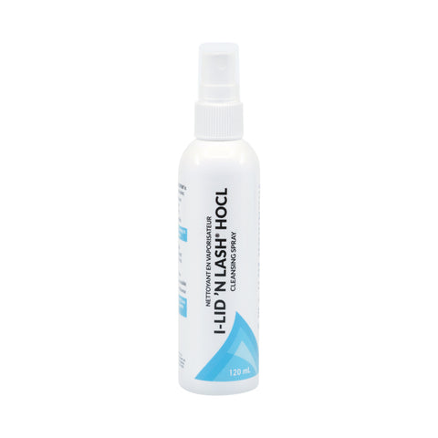 The 120mL white spray bottle, I-LID ’N LASH® HOCl Cleansing Spray from I-Med Pharma, features a blue accent and text in English and French. It offers gentle eyelid and lash hygiene with pure hypochlorous acid.