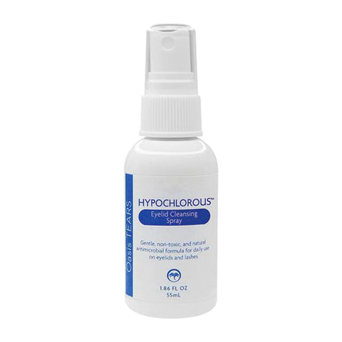 The Oasis TEARS Hypochlorous Eyelid and Lash Cleansing Spray by Oasis Medical, in a white plastic bottle with a blue and white design, promotes eyelid hygiene using its gentle, non-toxic antimicrobial formula. Its designed for eyelids and lashes and holds 1.86 fl oz (55 mL).