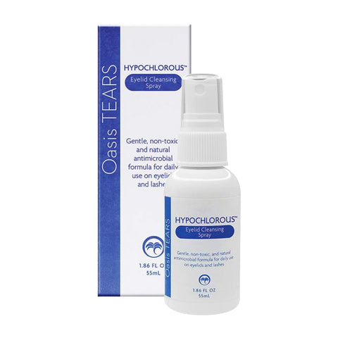 A bottle of Oasis TEARS Hypochlorous Eyelid and Lash Cleansing Spray, 55mL, by Oasis Medical is displayed before its packaging, highlighting its gentle antimicrobial formula for daily eyelid hygiene to naturally clean lashes and lids.